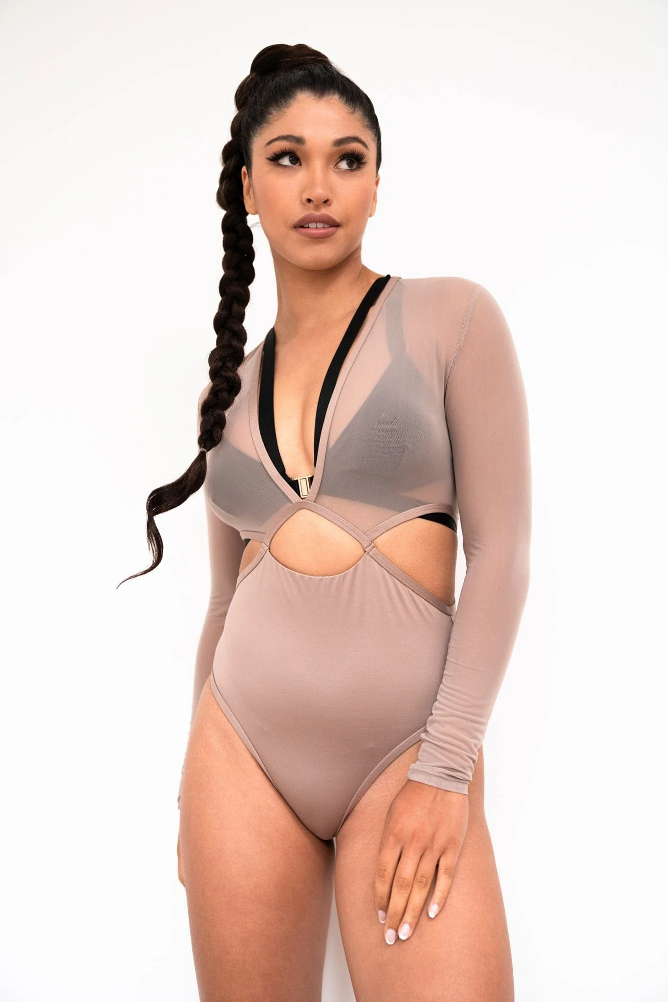 Diana Bodysuit - Mesh Cut Out Long Sleeve Bodysuit Recycled Mocha - Image 6