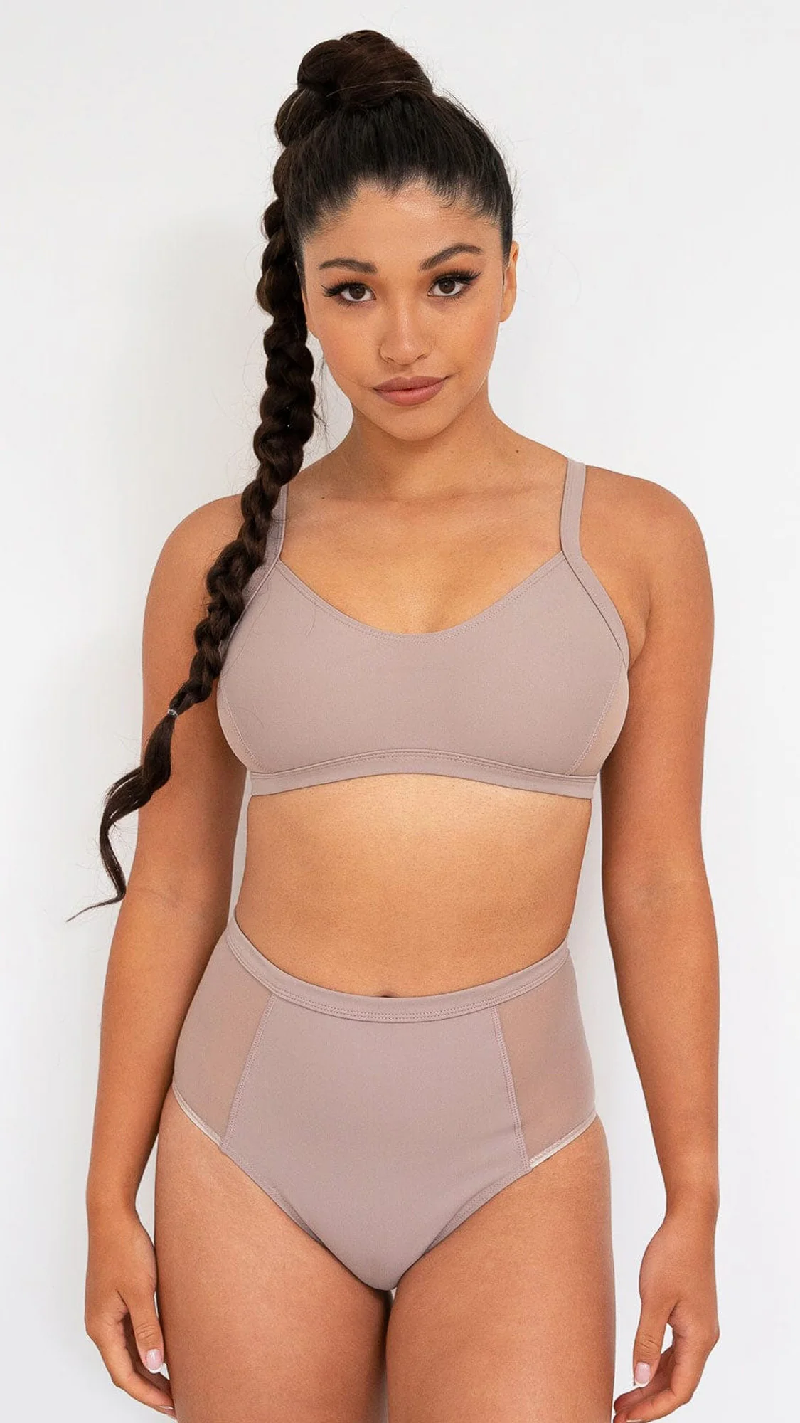 Gigi Top - Mesh Pannelled Top Recycled Mocha - Image 4
