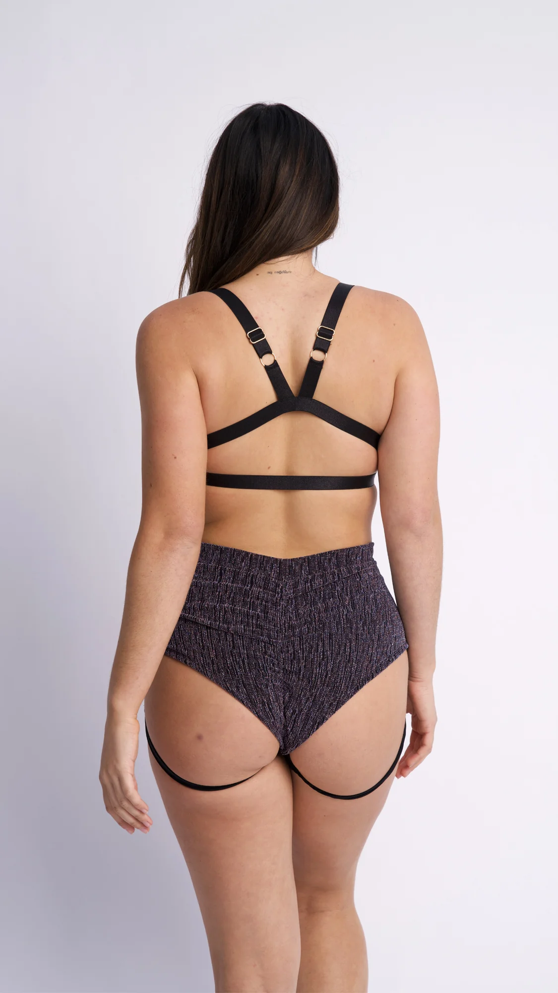 Lure You High Waisted Garter Shorts Blue Rose Gold Shimmer - Image 3