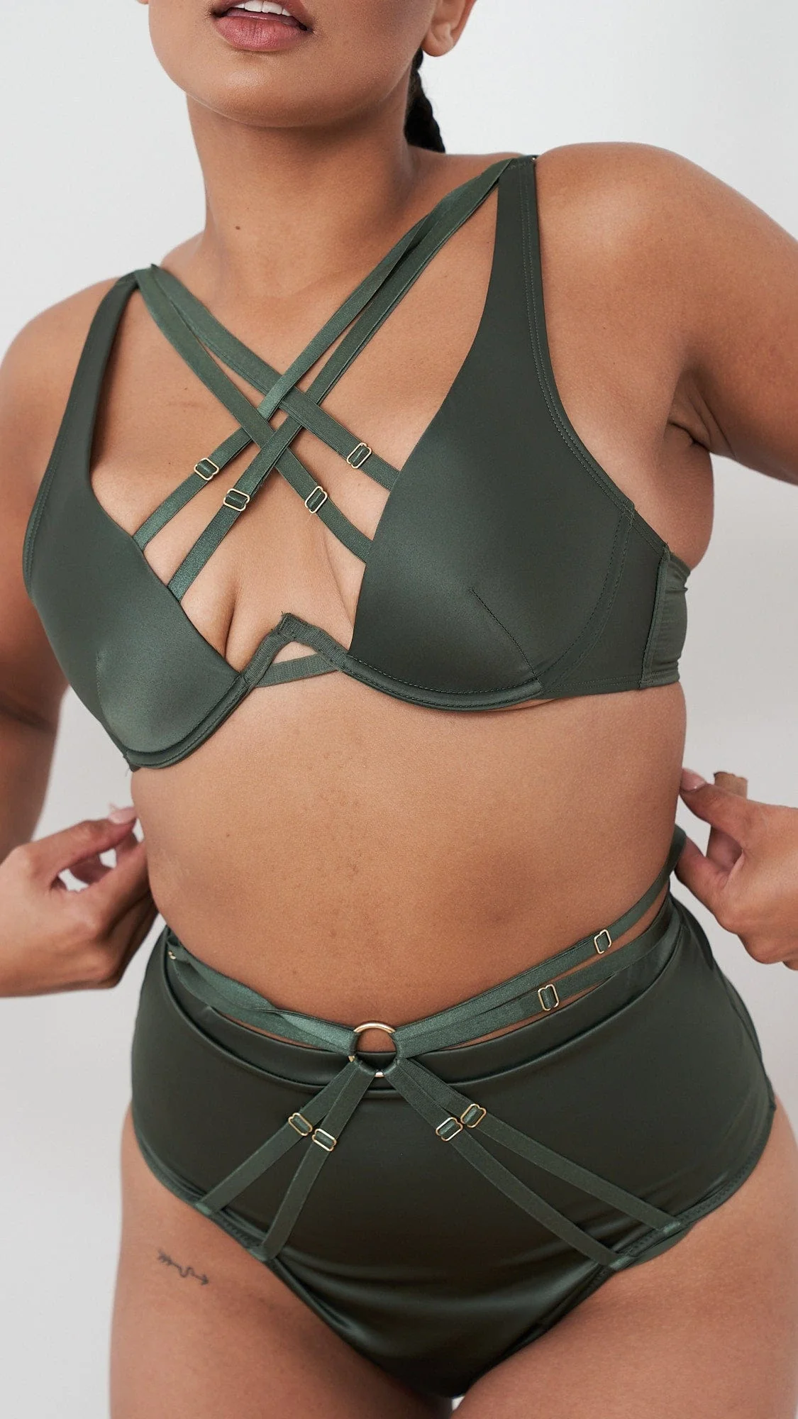 Sofia Bra - Strappy Satin Bra Forest Green - Image 4