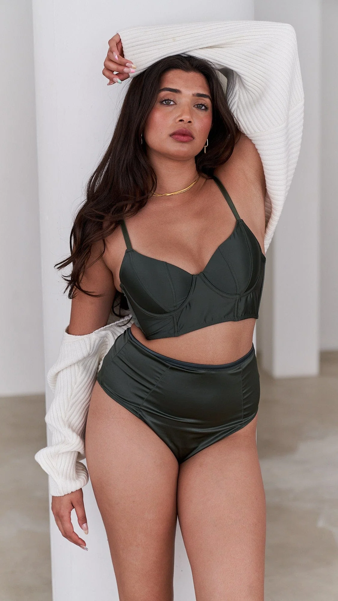 Taylor Set - Satin Longline Lingerie Set Forest Green